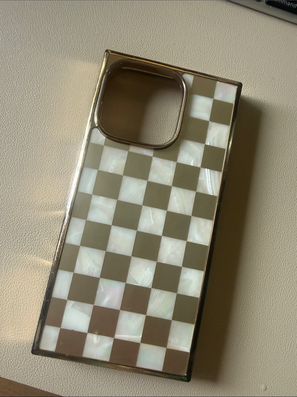 Checkerboard Mother-of-Pearl Phone Case in Gold and White